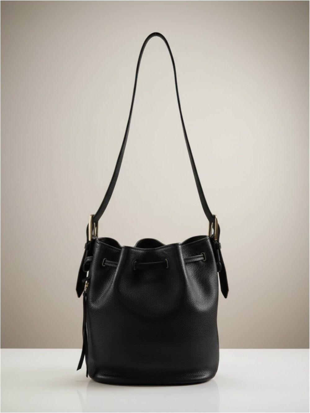 Tory Burch Pebbled Leather Bucket Bag Black Gold Drawstring w Dust Bag EUC - Picture 3 of 15